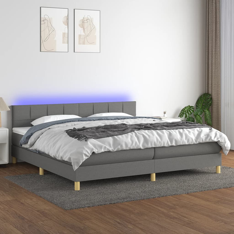 vidaXL Cama box spring c/ colchão e LED 200x200 cm tecido cinza-escuro 1