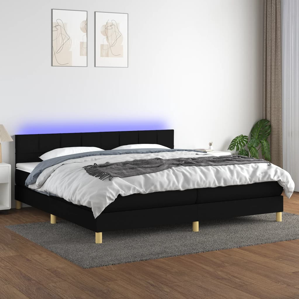 vidaXL Cama box spring c/ colchão e LED 200x200 cm tecido preto 1