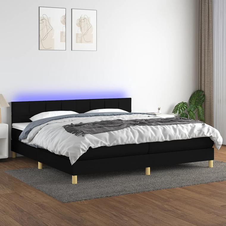 vidaXL Cama box spring c/ colchão e LED 200x200 cm tecido preto 1
