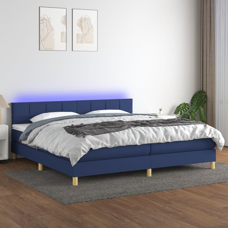 vidaXL Cama box spring c/ colchão e LED 200x200 cm tecido azul 1