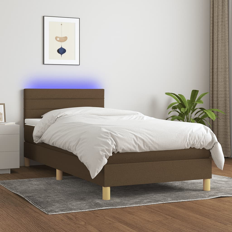 vidaXL Cama box spring c/ colchão/LED 90x190 cm tecido castanho-escuro 1