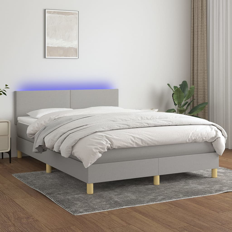 vidaXL Cama box spring c/ colchão e LED 140x190 cm tecido cinza-claro 1