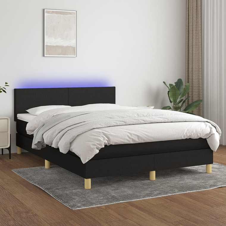vidaXL Cama box spring c/ colchão e LED 140x190 cm tecido preto 1