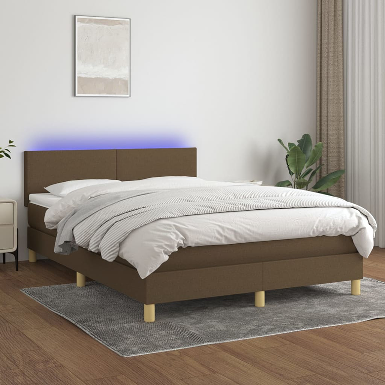 vidaXL Cama box spring c/ colchão/LED 140x190cm tecido castanho-escuro 1