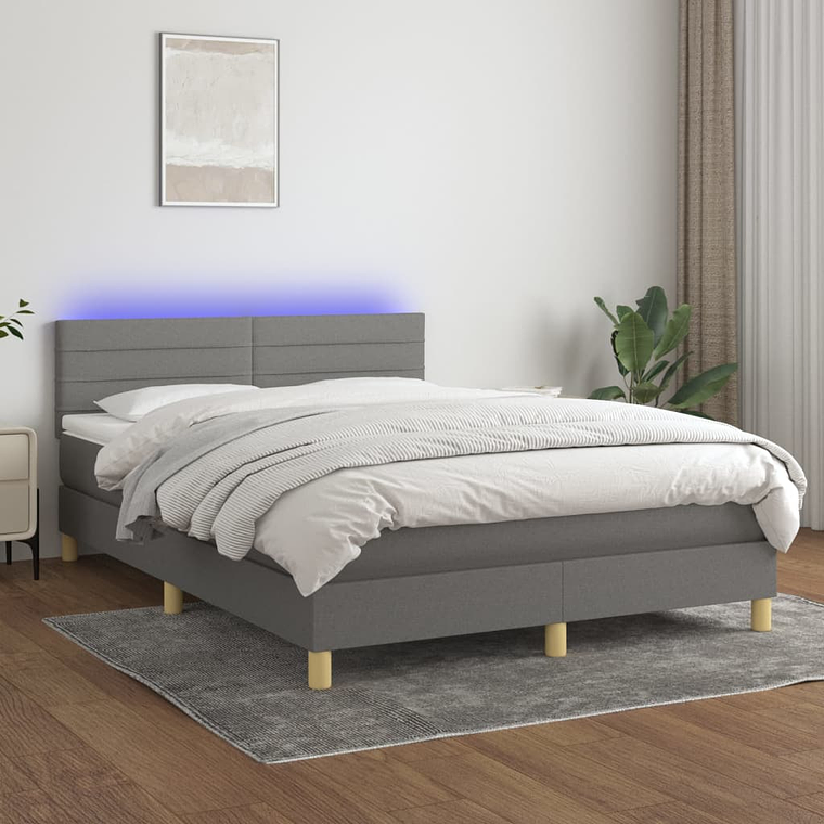 vidaXL Cama box spring c/ colchão e LED 140x190 cm tecido cinza-escuro 1