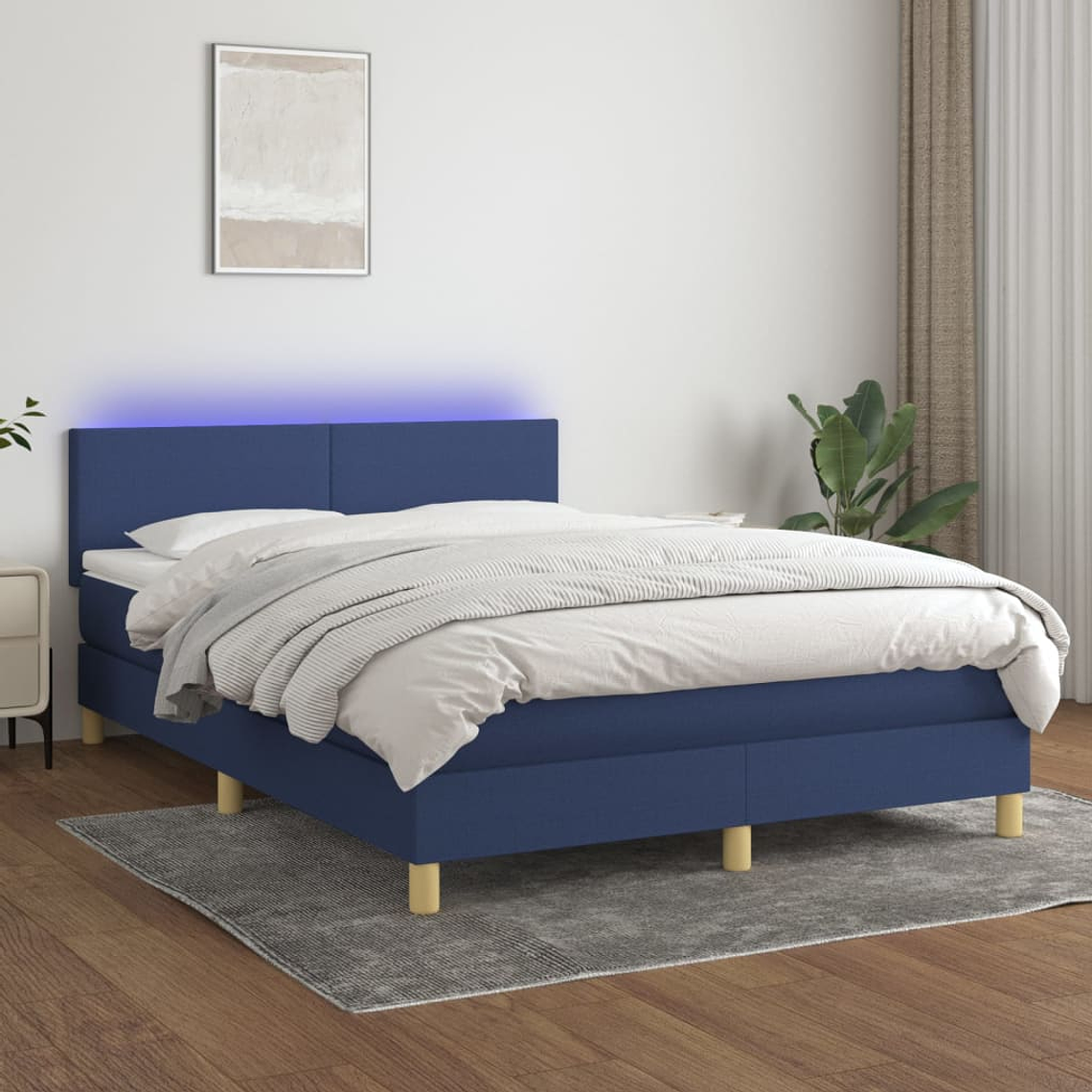 vidaXL Cama box spring c/ colchão e LED 140x190 cm tecido azul 1