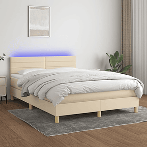vidaXL Cama box spring c/ colchão e LED 140x190 cm tecido cor creme
