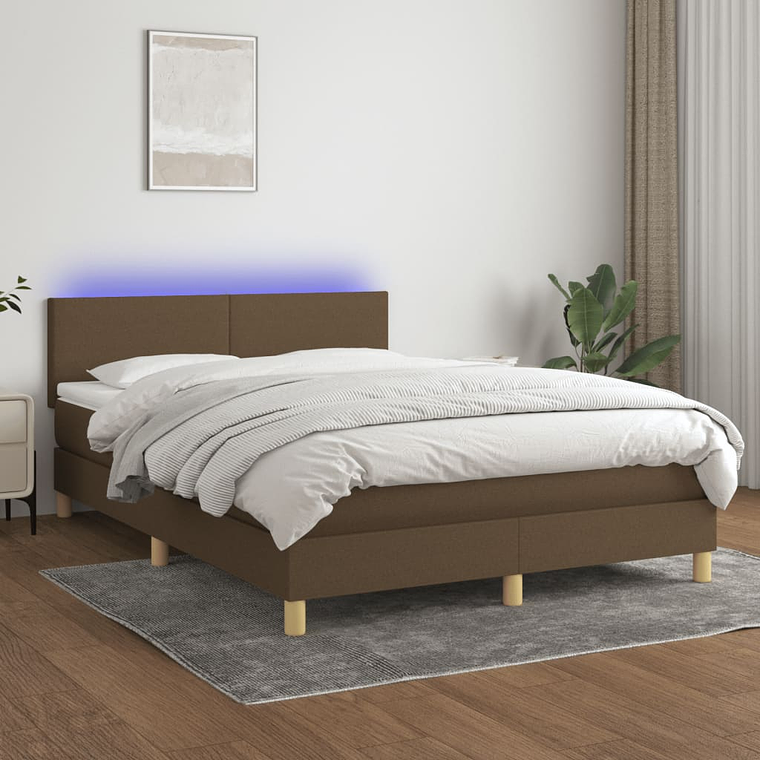 vidaXL Cama box spring c/ colchão/LED 140x200cm tecido castanho-escuro 1