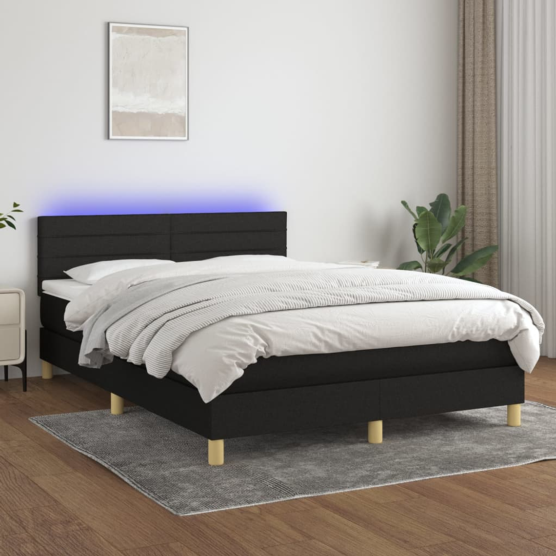 vidaXL Cama box spring c/ colchão e LED 140x200 cm tecido preto 1