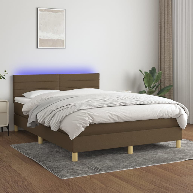 vidaXL Cama box spring c/ colchão/LED 140x200cm tecido castanho-escuro 1