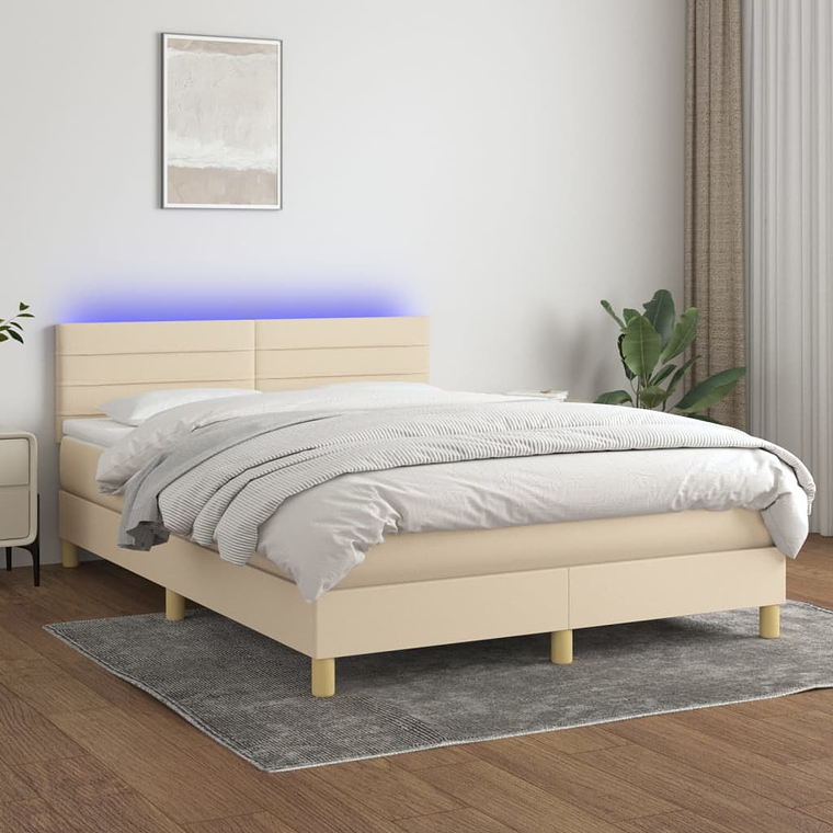 vidaXL Cama box spring c/ colchão e LED 140x200 cm tecido cor creme 1