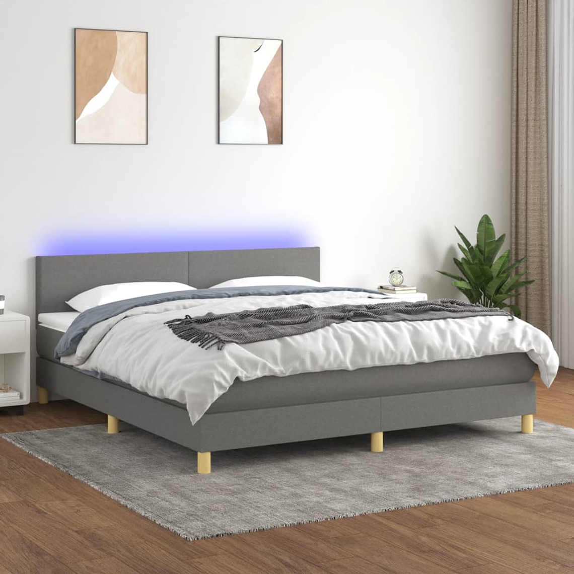 vidaXL Cama box spring c/ colchão e LED 180x200 cm tecido cinza-escuro 1