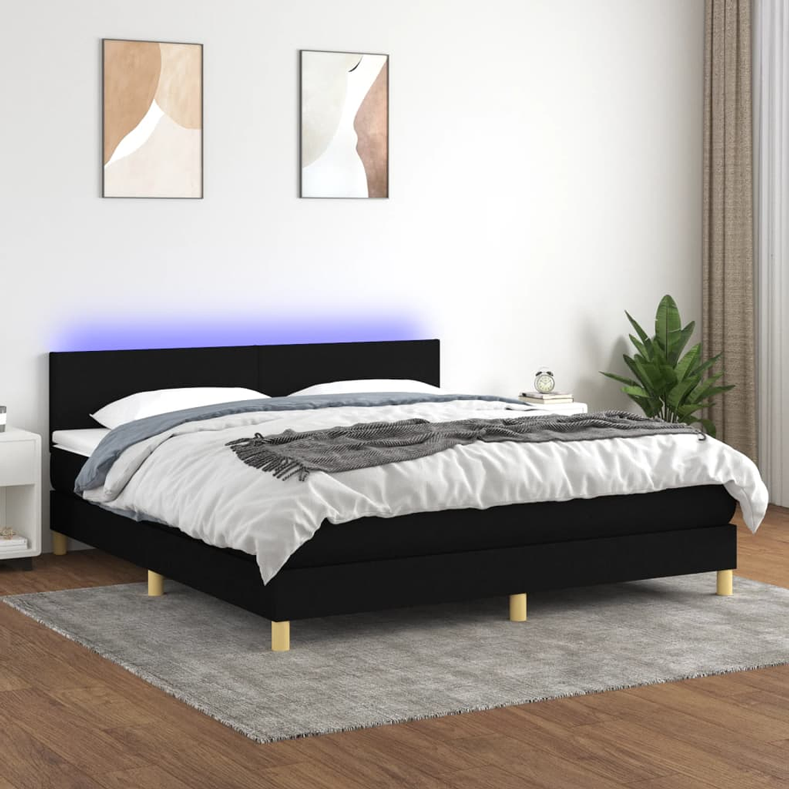 vidaXL Cama box spring c/ colchão e LED 180x200 cm tecido preto 1