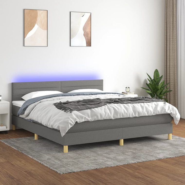vidaXL Cama box spring c/ colchão e LED 180x200 cm tecido cinza-escuro 1