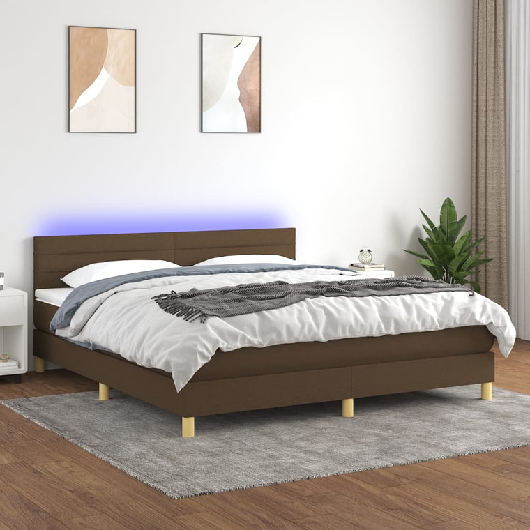 vidaXL Cama box spring c/ colchão/LED 180x200cm tecido castanho-escuro 1