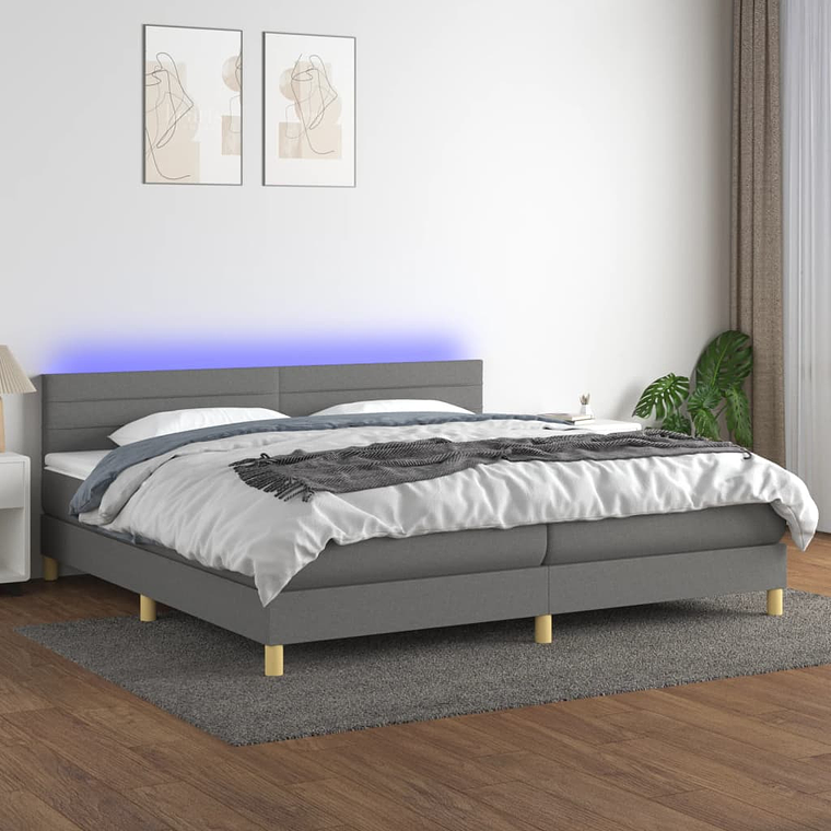 vidaXL Cama box spring c/ colchão e LED 200x200 cm tecido cinza-escuro 1