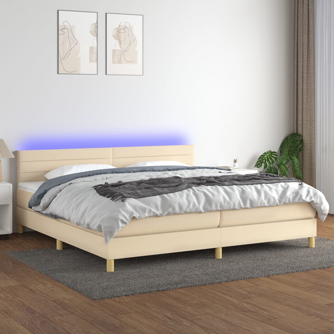 vidaXL Cama box spring c/ colchão e LED 200x200 cm tecido cor creme 1