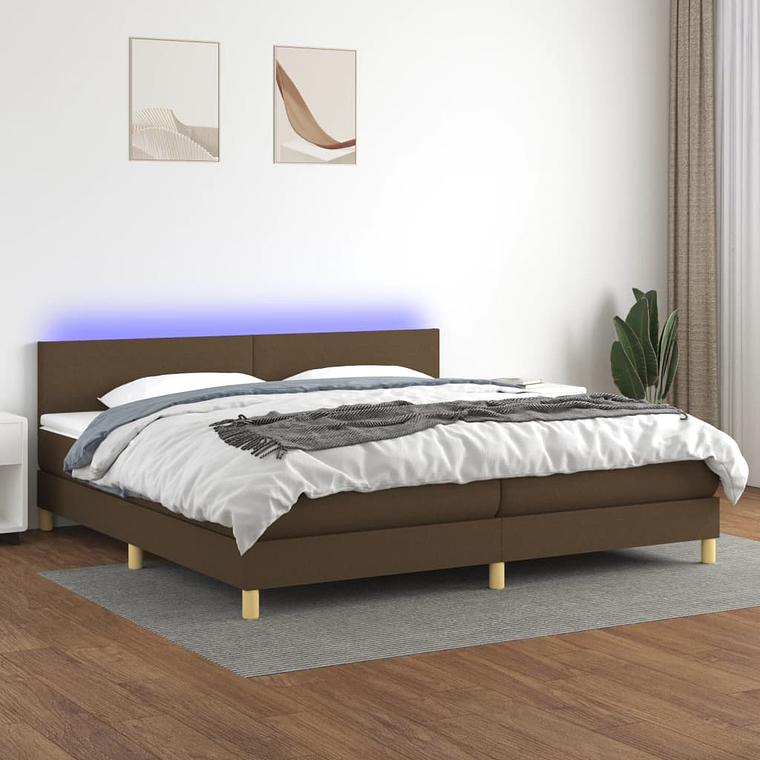 vidaXL Cama box spring c/ colchão/LED 200x200cm tecido castanho-escuro 1