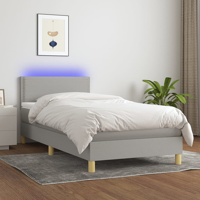 vidaXL Cama box spring c/ colchão e LED 90x190 cm tecido cinza-claro 1