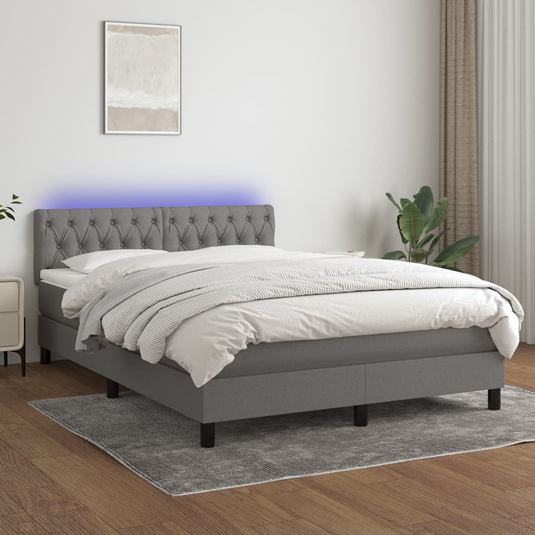 vidaXL Cama box spring c/ colchão e LED 140x190 cm tecido cinza-escuro 1