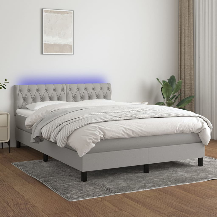 vidaXL Cama box spring c/ colchão e LED 140x200 cm tecido cinza-claro 1