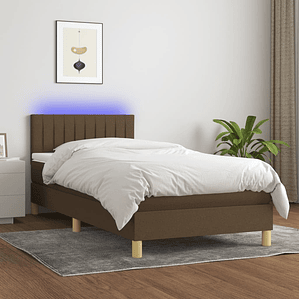 vidaXL Cama box spring c/ colchão/LED 90x200 cm tecido castanho-escuro