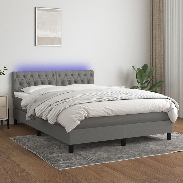 vidaXL Cama box spring c/ colchão e LED 140x200 cm tecido cinza-escuro 1