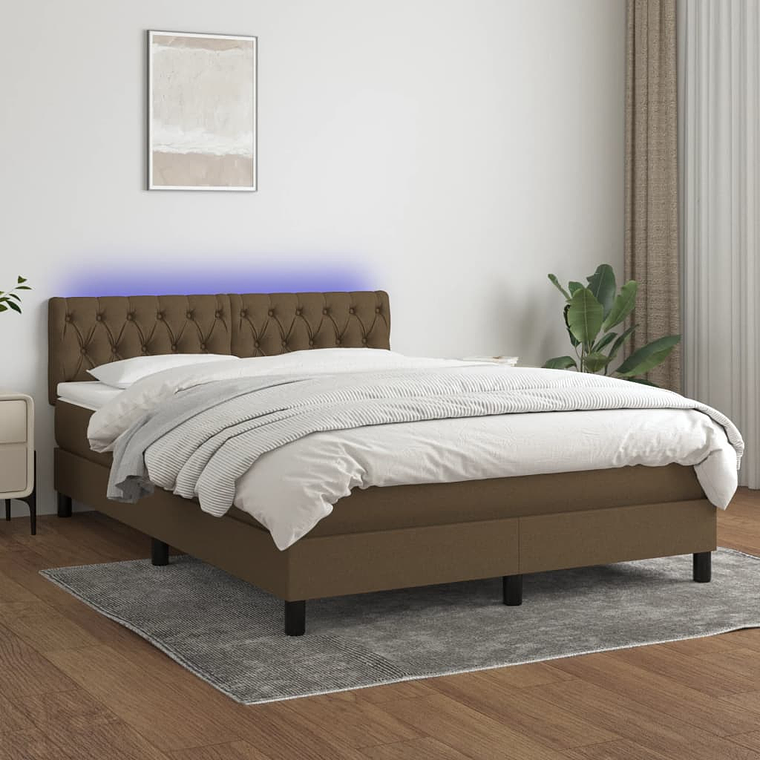 vidaXL Cama box spring c/ colchão/LED 140x200cm tecido castanho-escuro 1