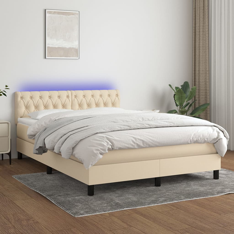 vidaXL Cama box spring c/ colchão e LED 140x200 cm tecido cor creme 1