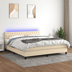 vidaXL Cama box spring c/ colchão e LED 180x200 cm tecido cor creme 