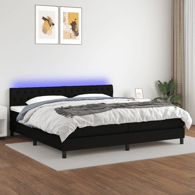 vidaXL Cama box spring c/ colchão e LED 200x200 cm tecido preto 1