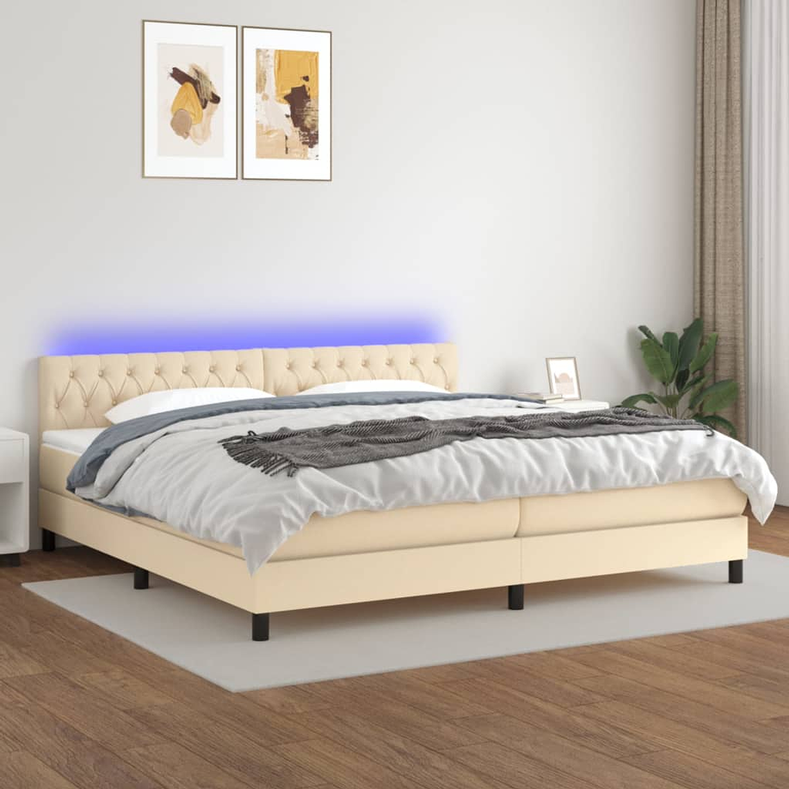 vidaXL Cama box spring c/ colchão e LED 200x200 cm tecido cor creme 1