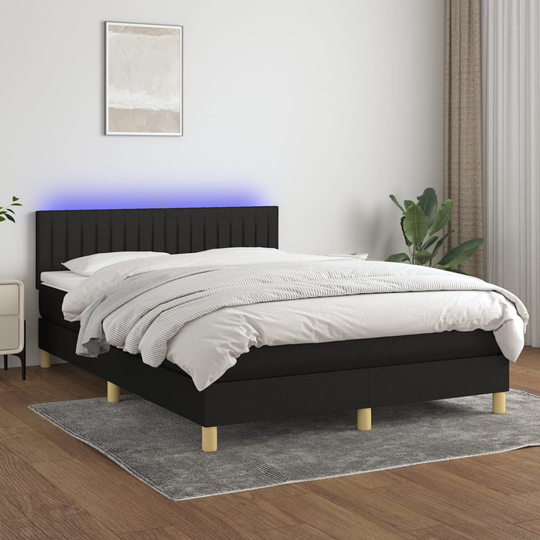 vidaXL Cama box spring c/ colchão e LED 140x200 cm tecido preto 1