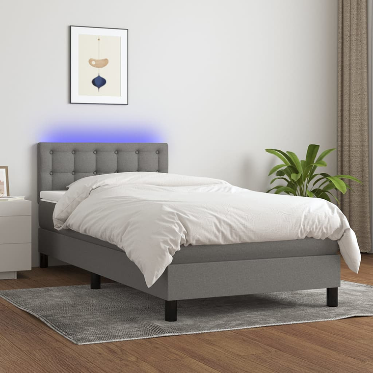 vidaXL Cama box spring c/ colchão e LED 90x190 cm tecido cinza-escuro 1