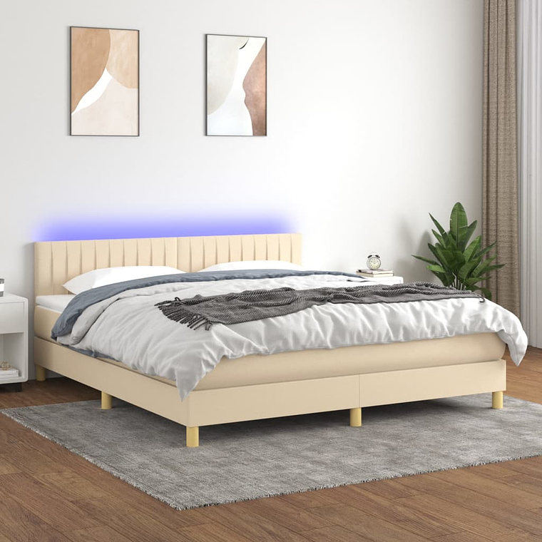vidaXL Cama box spring c/ colchão e LED 160x200 cm tecido cor creme 1