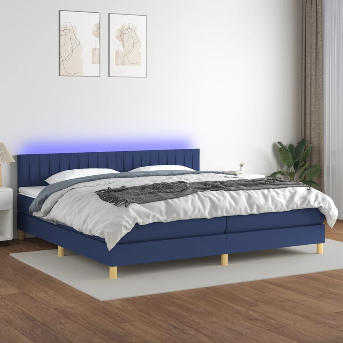 vidaXL Cama box spring c/ colchão e LED 200x200 cm tecido azul 1