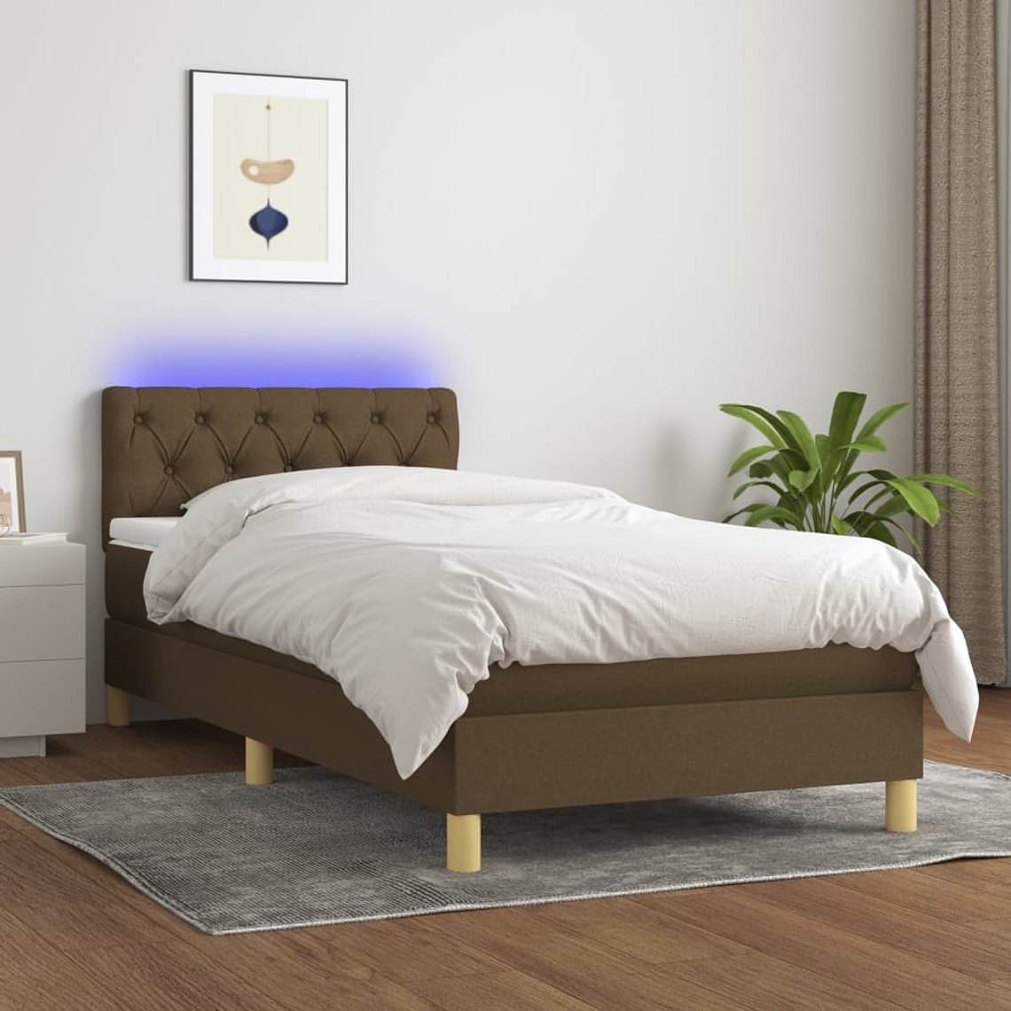 vidaXL Cama box spring c/ colchão/LED 80x200cm tecido castanho-escuro 1