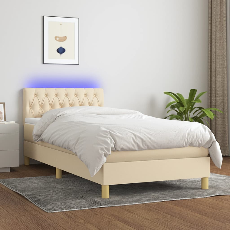 vidaXL Cama box spring c/ colchão e LED 90x190 cm tecido cor creme 1