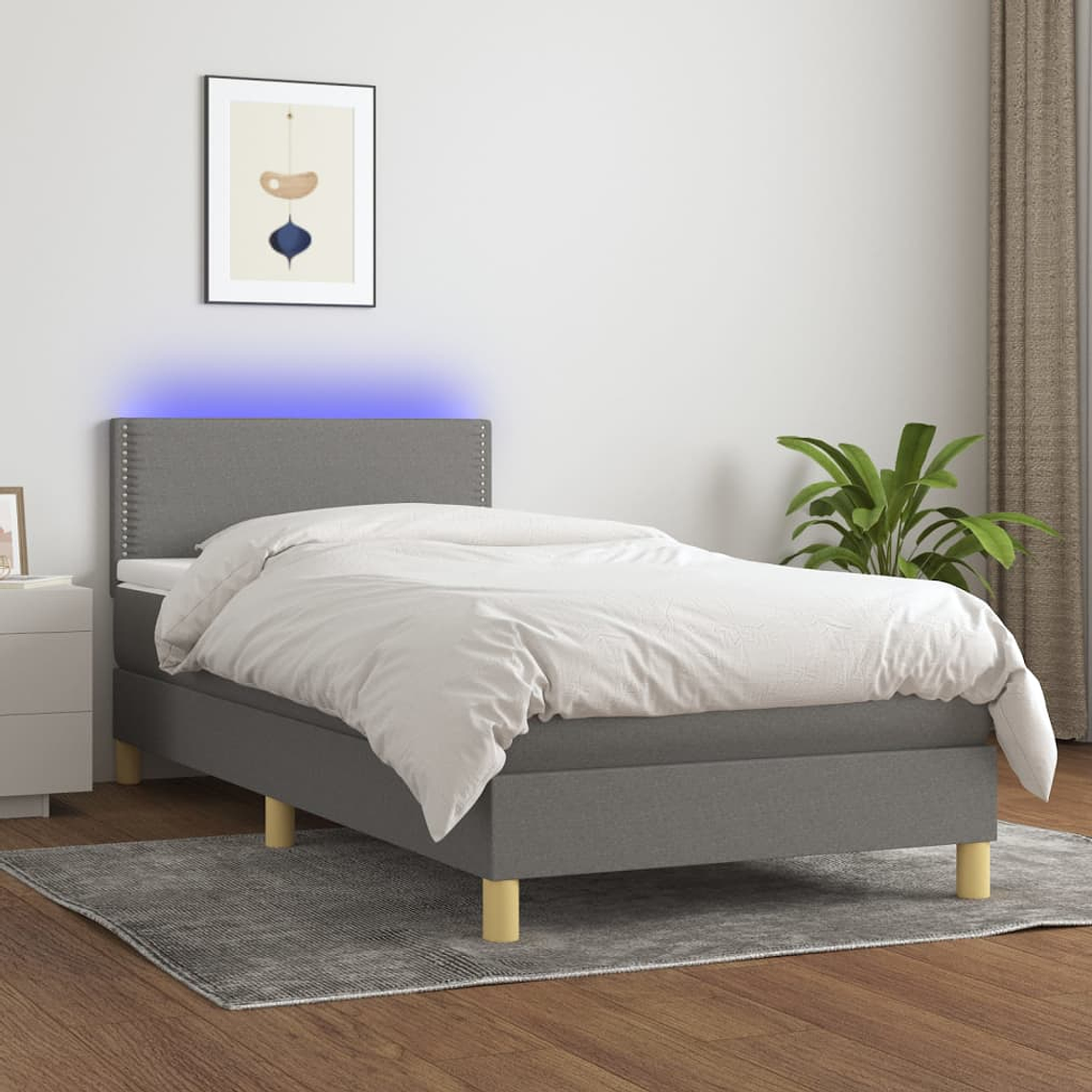 vidaXL Cama box spring c/ colchão e LED 100x200 cm tecido cinza-escuro 1