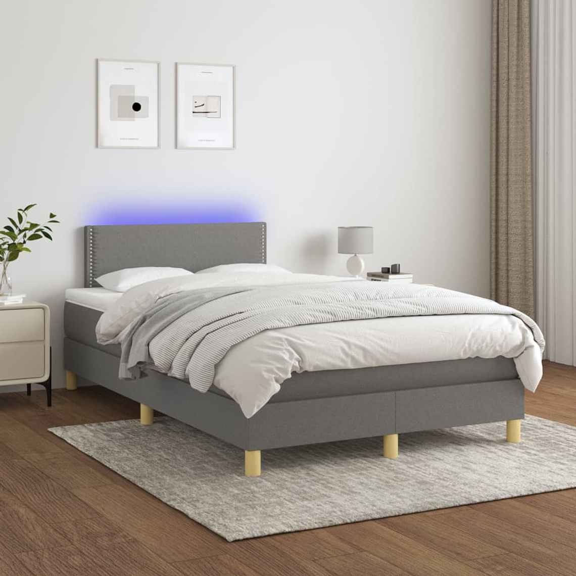 vidaXL Cama box spring c/ colchão e LED 120x200 cm tecido cinza-escuro 1