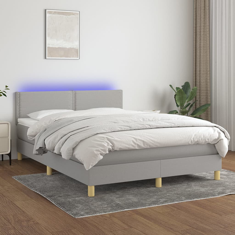 vidaXL Cama box spring c/ colchão e LED 140x190 cm tecido cinza-claro 1
