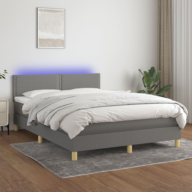 vidaXL Cama box spring c/ colchão e LED 140x200 cm tecido cinza-escuro 1