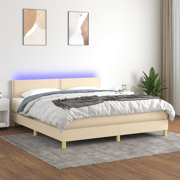 vidaXL Cama box spring c/ colchão e LED 180x200 cm tecido cor creme 1