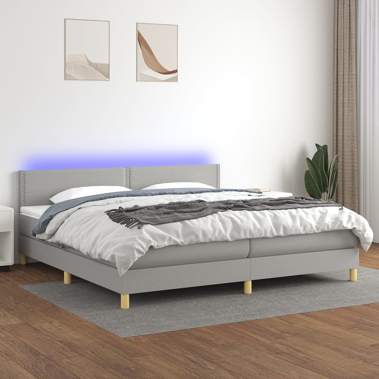 vidaXL Cama box spring c/ colchão e LED 200x200 cm tecido cinza-claro 1
