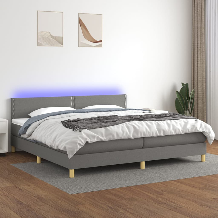 vidaXL Cama box spring c/ colchão e LED 200x200 cm tecido cinza-escuro 1