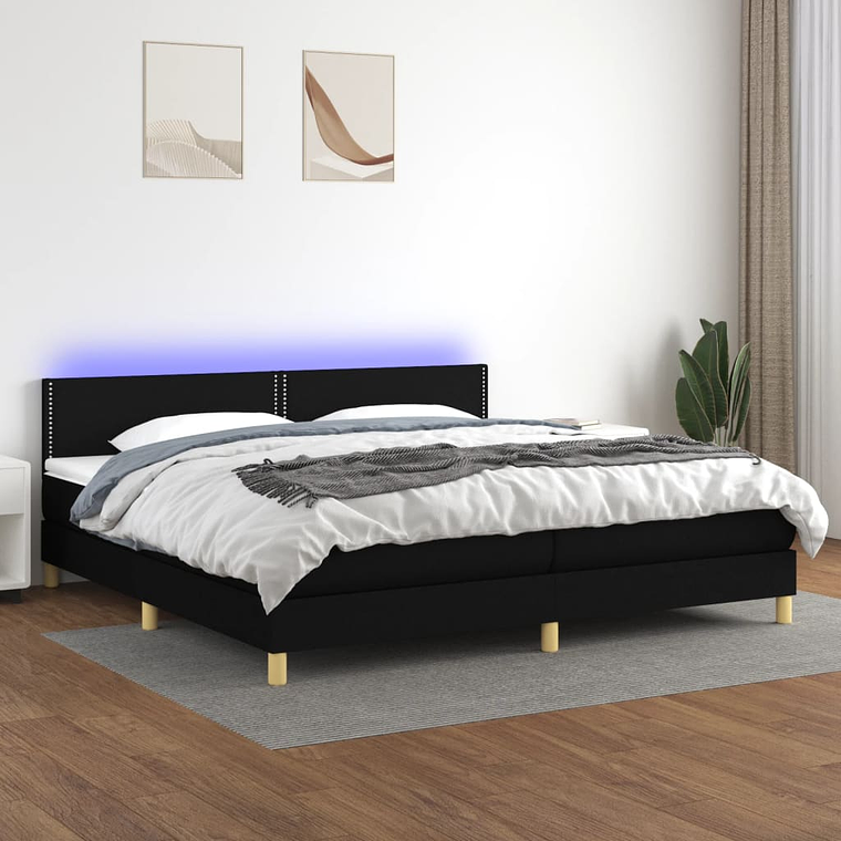 vidaXL Cama box spring c/ colchão e LED 200x200 cm tecido preto 1