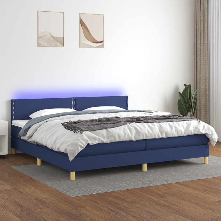 vidaXL Cama box spring c/ colchão e LED 200x200 cm tecido azul 1
