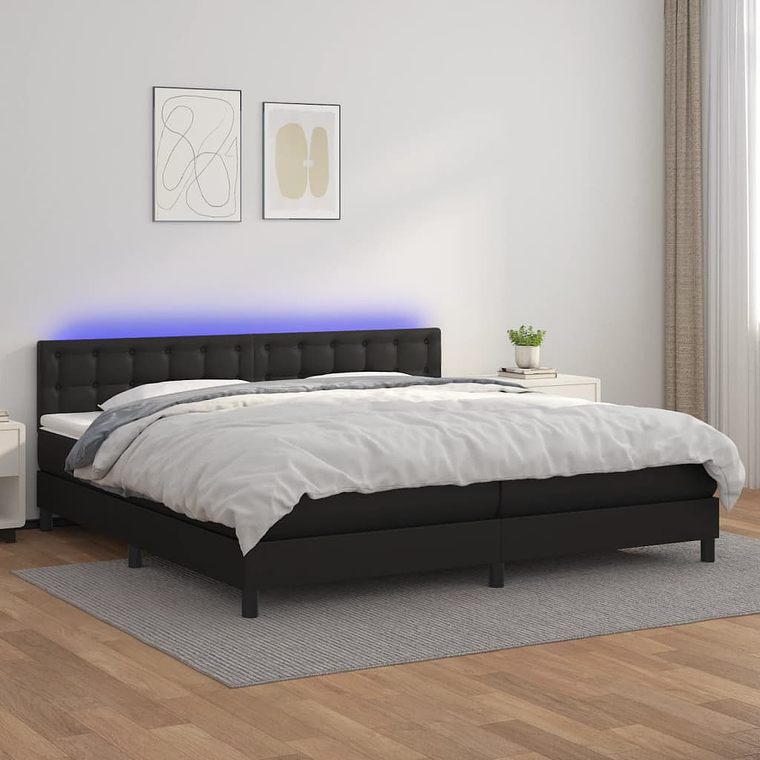 vidaXL Cama box spring c/ colchão/LED 200x200cm couro artificial preto 1