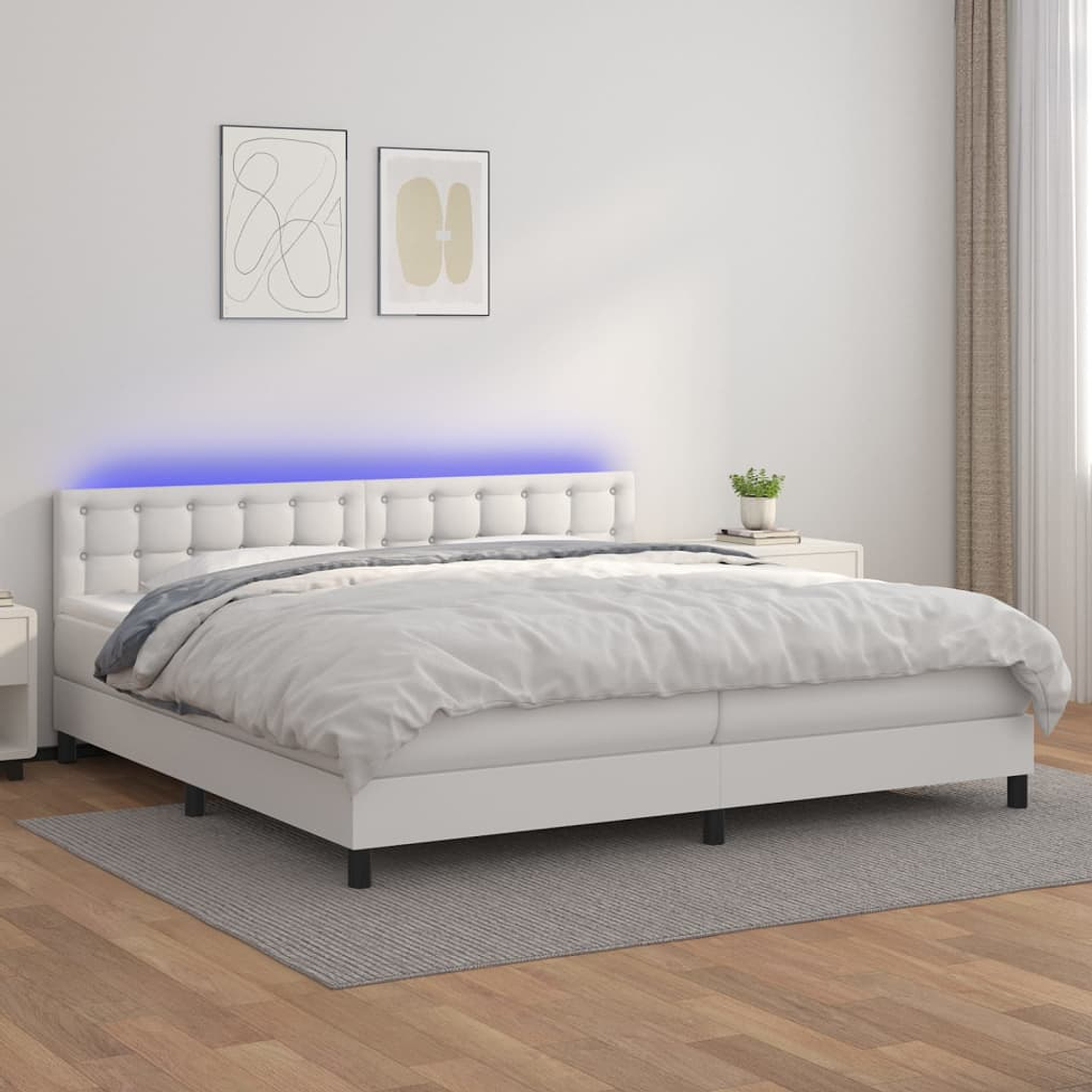 vidaXL Cama box spring c/colchão/LED 200x200cm couro artificial branco 1