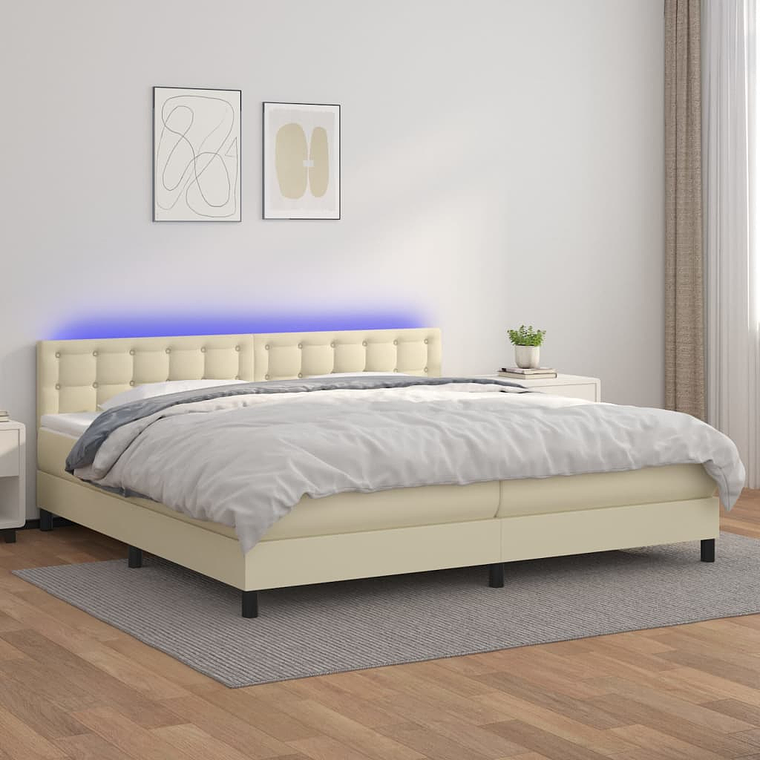 vidaXL Cama box spring c/ colchão/LED 200x200cm couro artificial creme 1